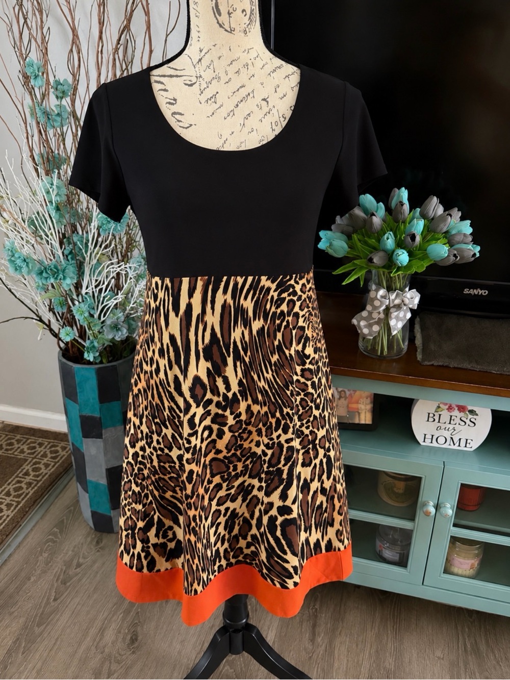 Tiana B. Black Top Leopard Print Midi Dress with Orange Hem Size 6